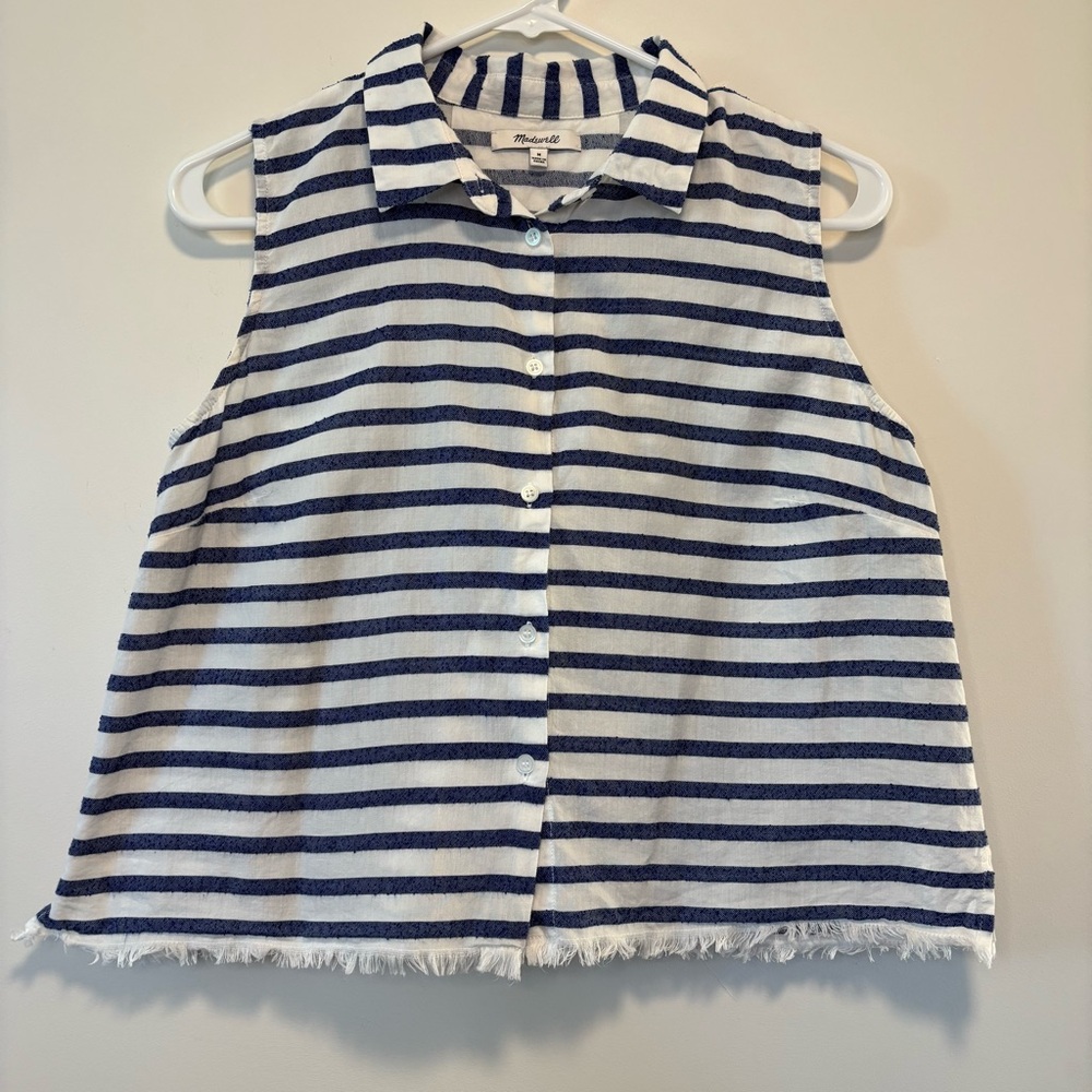 Madewell Navy and White Striped Sleeveless Button-Down Top